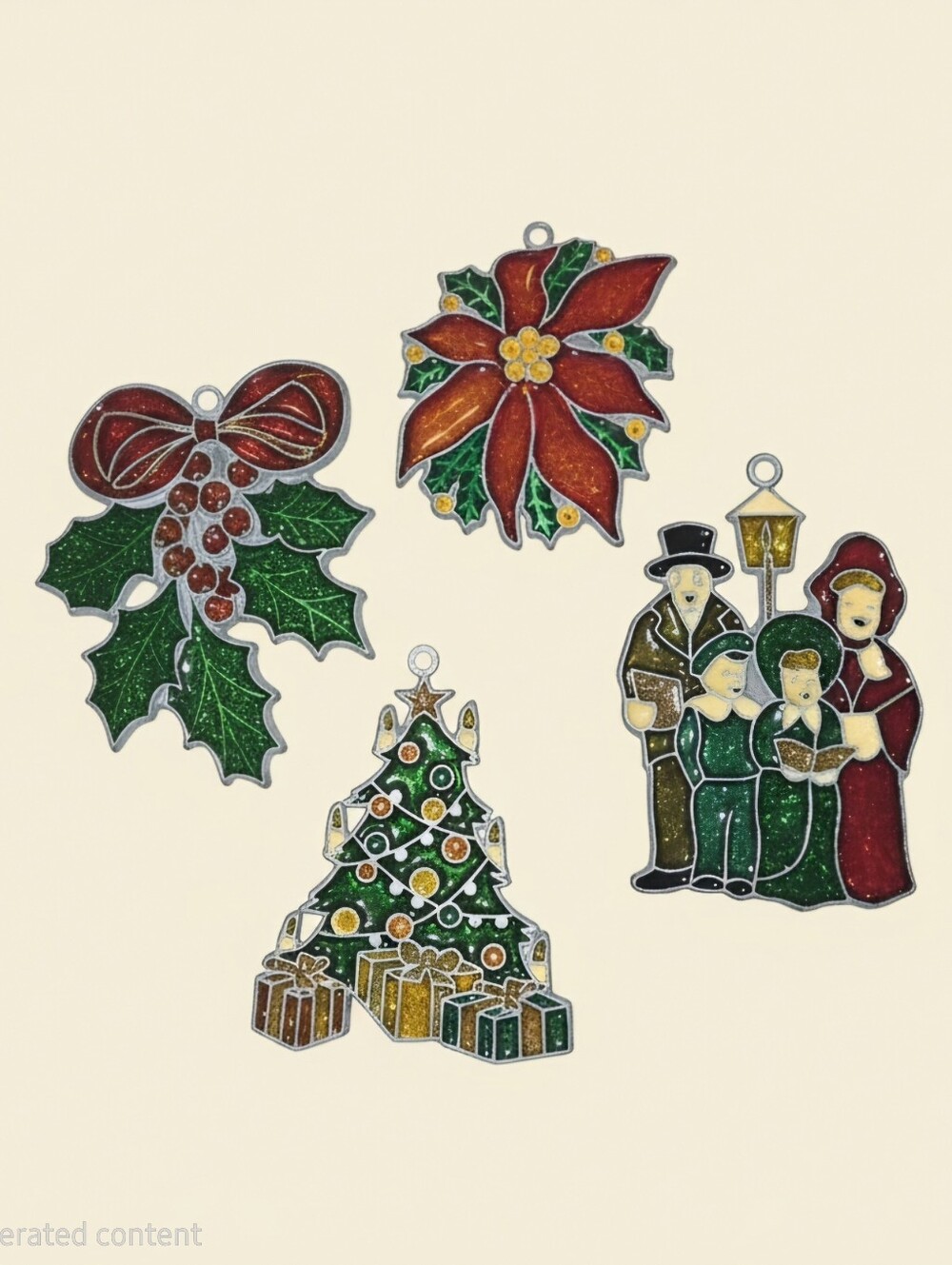 Vintage Red and Green Glitter Holiday Window Ornaments/ Suncatcher ther